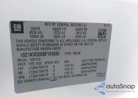 2011 Chevrolet Silverado 2500Hd Work Truck z USA, uszkodzony, nr VIN 1GC1KVC8XBF184036